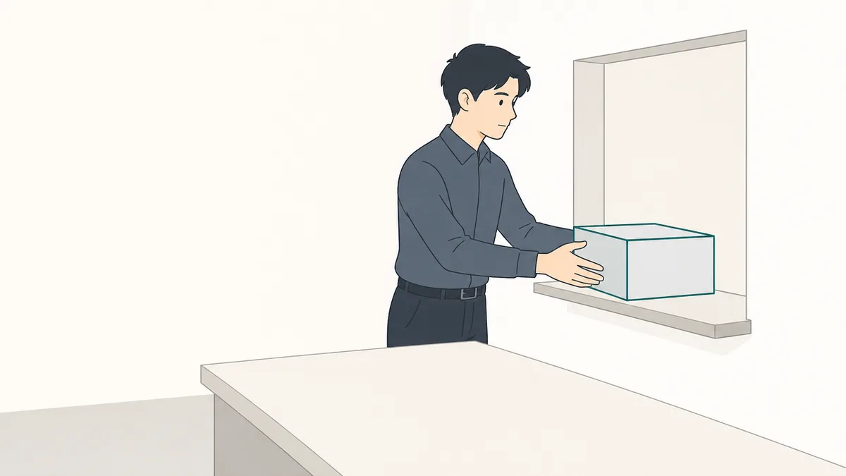 明るい室内で立ったまま、壁にある受け渡し口の台へ箱を1つ置いているところ。箱は縁の線だけが色つきで、奥は壁で仕切られていて見えない。手前の作業台には何も載っていない。