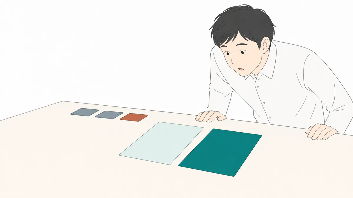 机の上で、重なるはずだった2枚の紙が横にずれて2枚のまま並んでいるのを、のぞき込んで見ている人のイラスト。奥には同じ形の札が3つ並び、3つ目だけ色が違う。