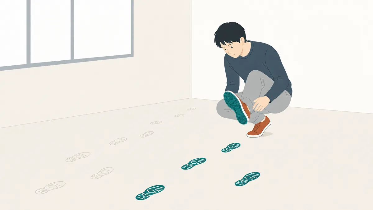 明るい室内の床にしゃがみ込み、片足を持ち上げて自分の靴の裏を見ている人のイラスト。床にはいくつも足跡が残っていて、手前の数個だけが、その靴とまったく同じ形で色がついている。