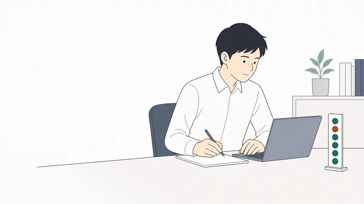 机で書きものをしている人のイラスト。すぐ横に、丸が6つ縦に並んだ板が置かれていて、上から2つ目だけ色が違う。人物はそちらを見ていない。