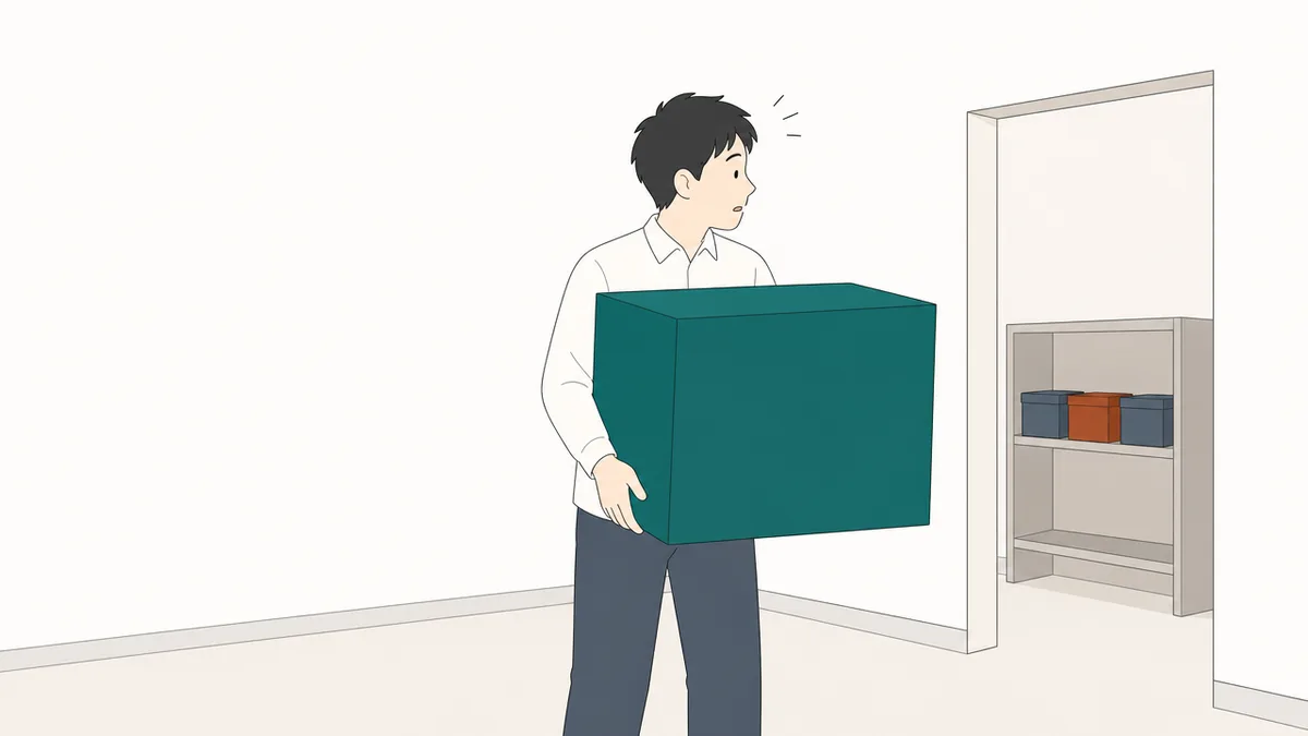 大きな箱をひとつ抱えた人が、入口の前で立ち止まっている。奥の棚には、それよりずっと小さい箱が3つ並んでいる。ひとかたまりのまま運べず、分けて置き直すことになる状況を表したイラスト。