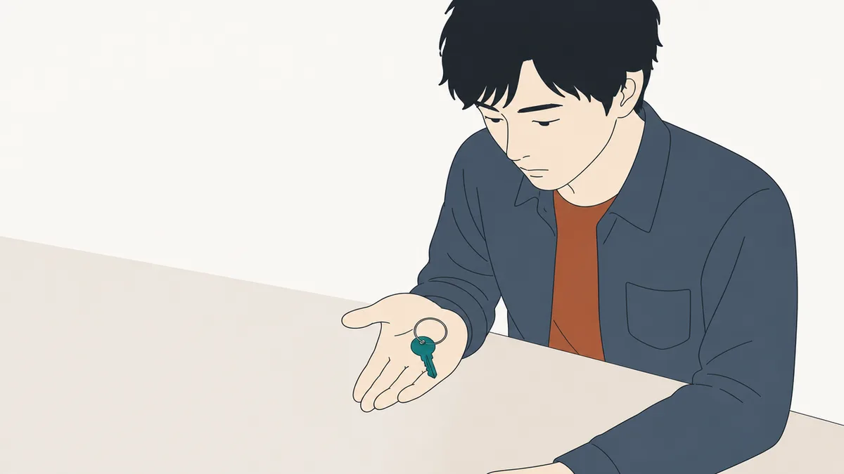 机に向かって座り、手のひらに載せた鍵束を静かに見下ろしている人のイラスト。リングには鍵が1本だけ通っていて、あと数本ぶんの余白が空いている。机の上には他に何も置かれていない。