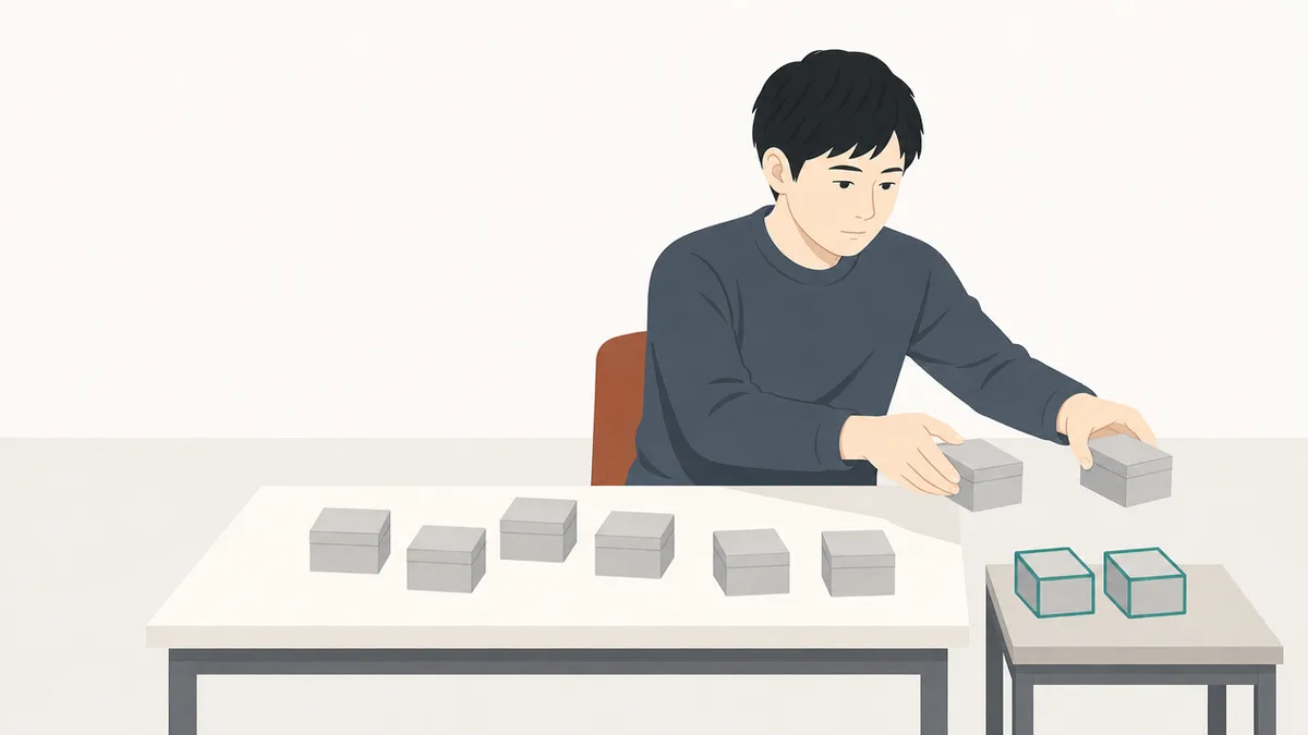 明るい室内で机に向かって座り、机の上に並んだ同じ大きさの箱のうち2つを手に持って、机の脇にある低い台へ移そうとしているところ。台にはすでに同じ形の箱が2つ置かれていて、そちらだけ青緑の線で描かれている。
