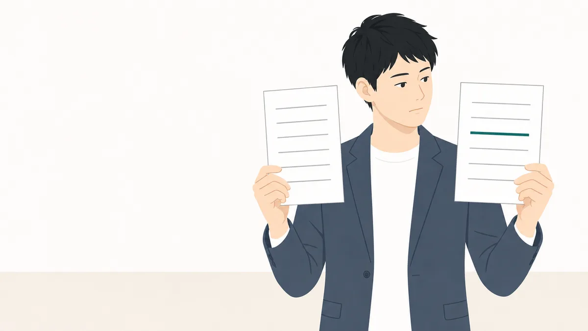 明るい室内で立ったまま、両手に1枚ずつ紙を持って見比べている人のイラスト。2枚は同じ書式で、同じ位置に同じ数だけ線が並んでいるが、右の紙だけ上から3本目の線の色が違う。